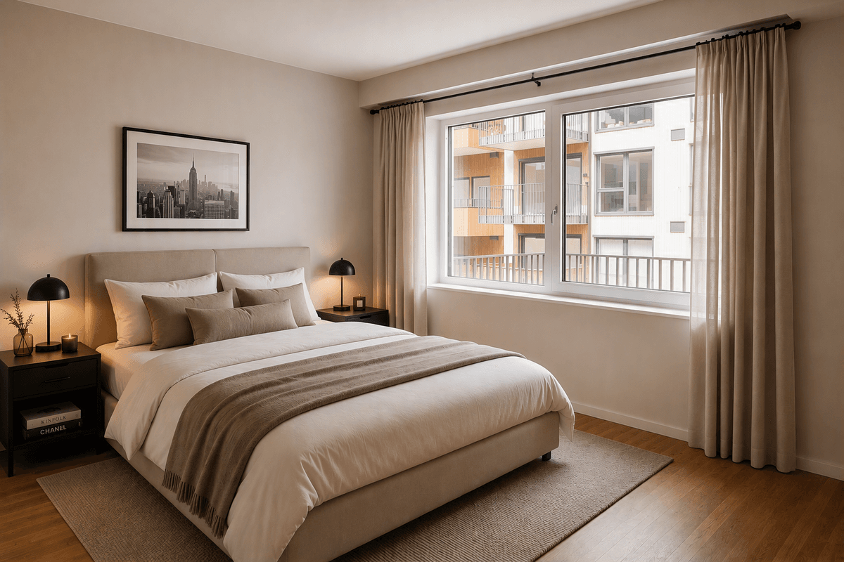 Soverom med god plass til dobbeltseng og garderobe (møblert av KI) Soverom med god plass til dobbeltseng og garderobe (møblert av KI)