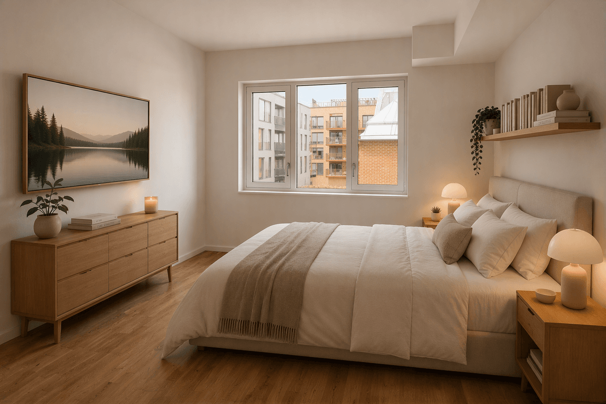 Romslig master bedroom med eget bad (møblert av KI) Romslig master bedroom med eget bad (møblert av KI)
